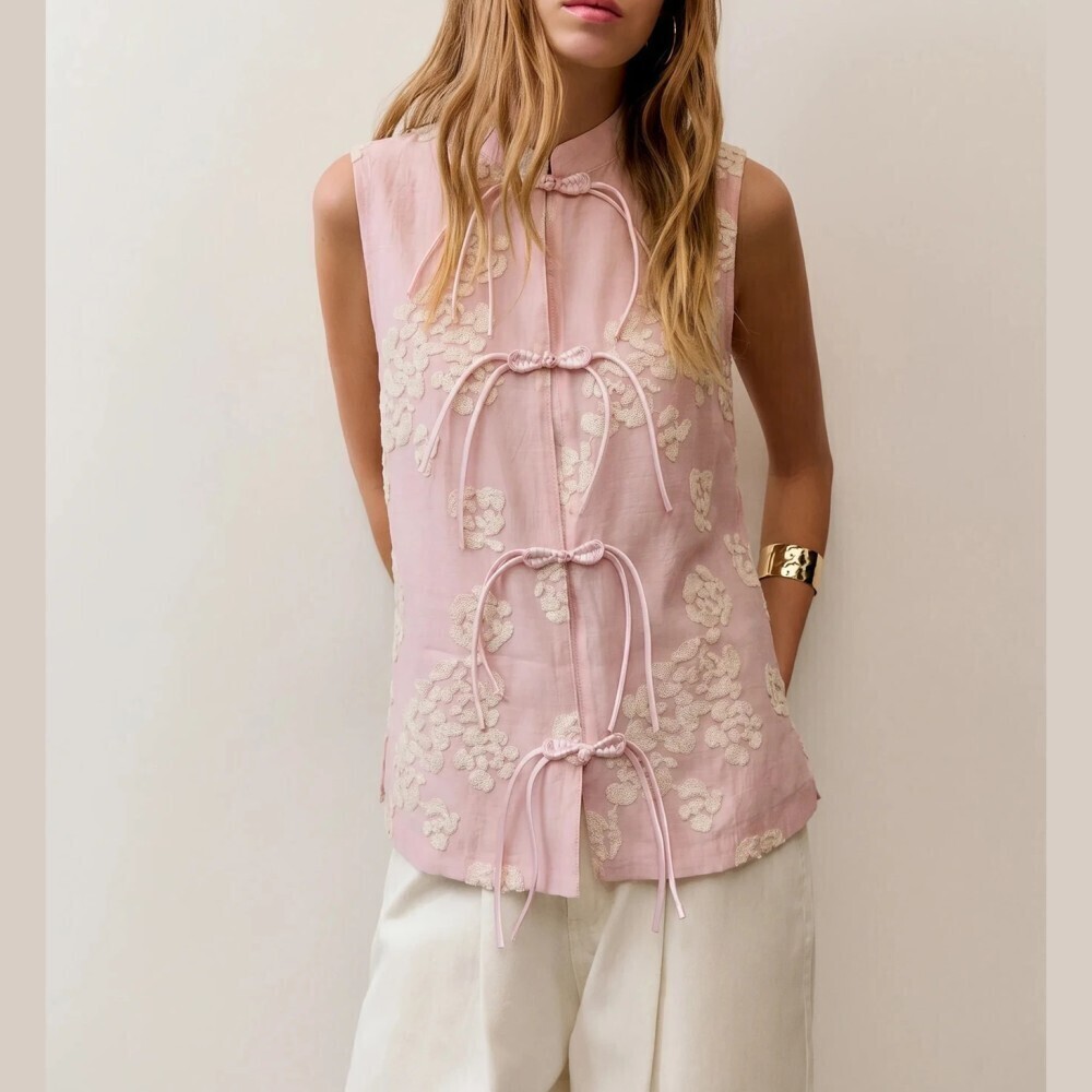 Pink Floral Embroidered Stand Collar Frog Button Sleeveless Tunic Blouse Top